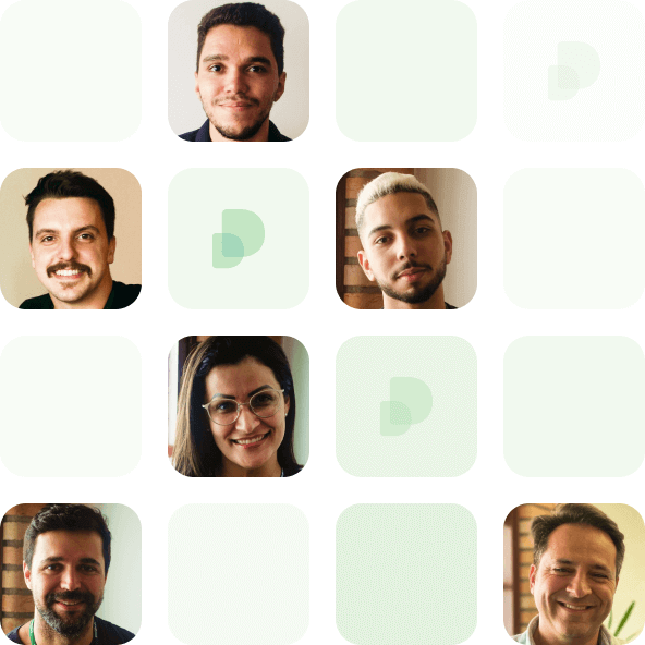 Mosaico com imagens dos rostos do colaboradores da Dlógica Sistemas.